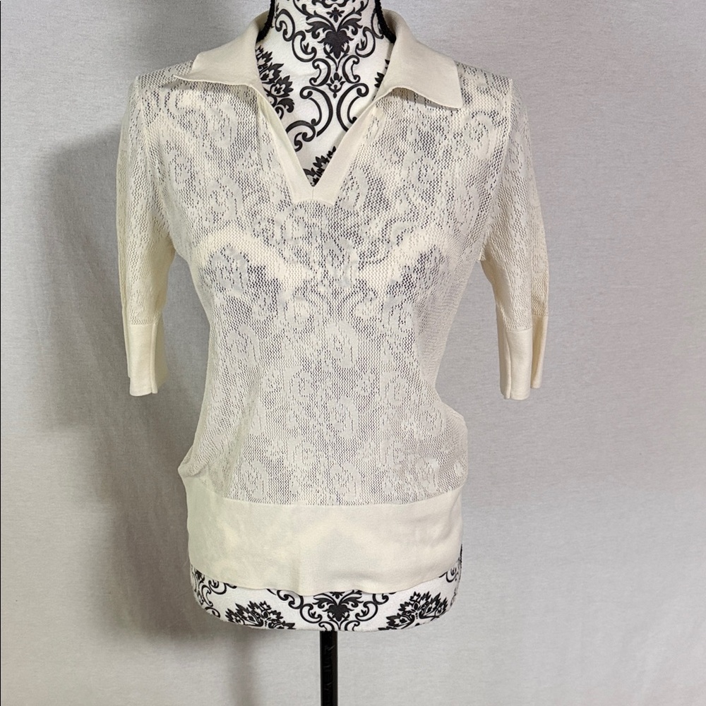 Elegant Cream Lace Sheer Open Knit Cotton Polo Women's Sweater Layering Luxury